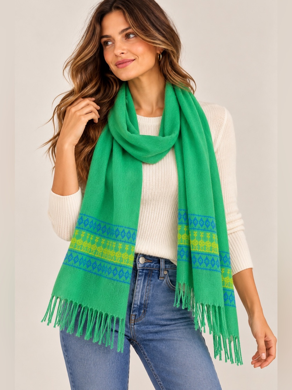 100% Baby Alpaca Peru Green Woven Fringe Scarf Andean Boho Luxury